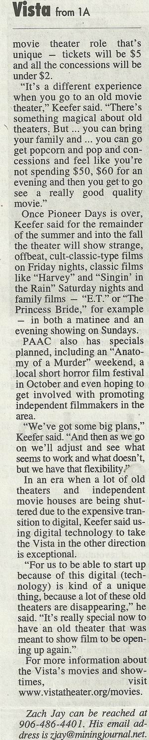 Vista Theatre - Article From Paul Petoskey